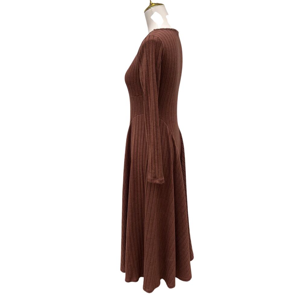 Halara Dress Sz Sm Ribbed Knit Flare Long Sleeve Flowy Casual Brown Minimalist - Picture 4 of 9